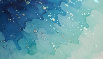 Abstract Blue Watercolor Texture with Glittering Sparkles and Bubbles