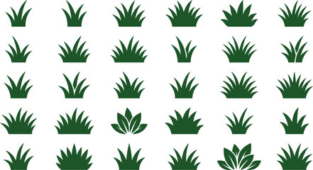 Fototapeta premium Green grass and plant tuft shapes set, isolated on white, perfect for nature backgrounds, garden borders, landscape designs and eco projects