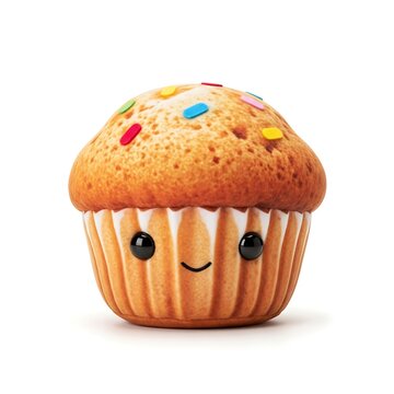 A smiling muffin with colorful candy sprinkles on top, looking happy and inviting isolated on transparent background, isolated on white background, illustration