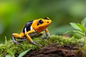 Naklejka premium Vibrant Colored Poison Dart Frog Sitting on Moss in Amazon Rainforest