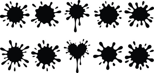 Black ink splatters and dripping blots collection, isolated on white. Grunge paint splash shapes for urban posters, streetwear prints, distressed backgrounds, edgy banners and creative overlays.