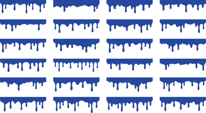 Blue dripping paint borders set with liquid drip edges and melting frames. Perfect for headers, labels, frames, stickers and spooky slime style designs, isolated on white background.