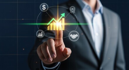 Fototapeta premium A businessman's finger touches a digital screen button and global technology concept of innovation