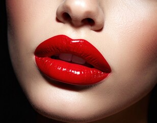 Obraz premium Closeup of Glossy Red Lips with a Vibrant and Seductive Appearance in a Fashion Portrait