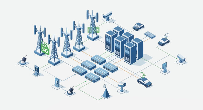 Telecommunication infrastructure network with cell towers and data centers.