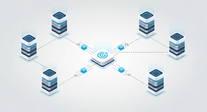 Network of interconnected database servers and central hub.
