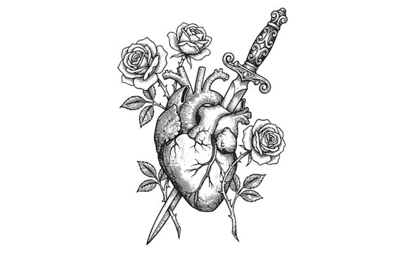 human heart pierced by a dagger and surrounded by blooming roses. Hand-drawn engraving style.