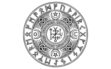 Obraz premium Mystical alchemy circle featuring ancient runic symbols, celestial moons, and a central occult sigil. Hand-drawn engraving style.