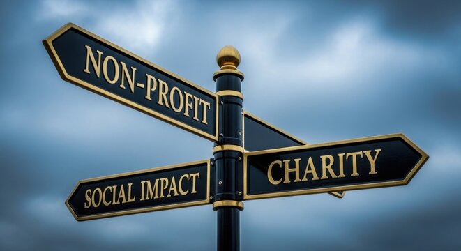Directional signpost pointing to non-profit, charity, and social impact