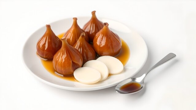 Authentic Latin American sweet fig preserve served with savory white cheese on a minimalist plate. Traditional Ecuadorian higos con queso dessert featuring poached figs in spiced syrup 