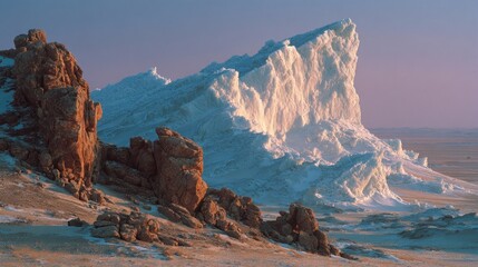 Majestic Iceberg and Rocky Outcrop Under Soft Twilight Sky.