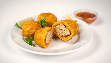 Authentic Latin American fried cheese pastries on a white plate with savory red salsa. Traditional Ecuadorian cheese empanadas dusted with sugar and served with spicy dipping sauce.