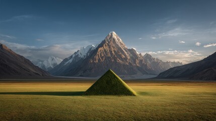 Majestic Mountain Peak Overlooking a Vast Grassy Plain with a Lone Pyramid Structure.