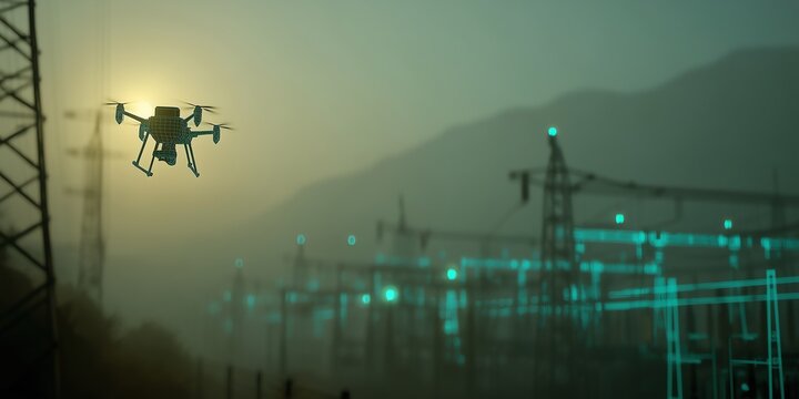 AI drone swarm monitors power substation with thermal overlays and anomaly alerts for resilient smart city grid management in 3D.