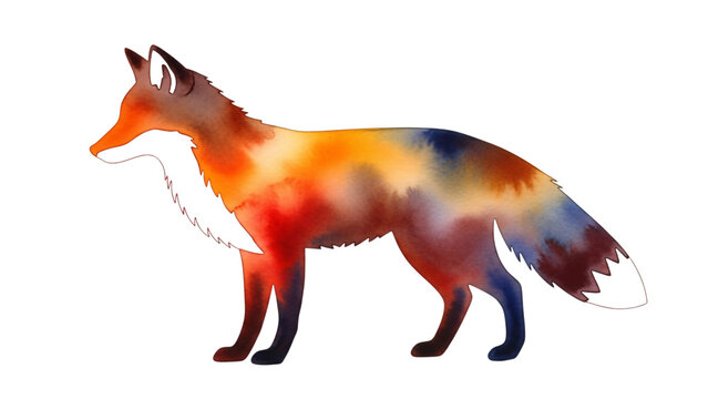 Watercolor painting of red fox on black background with white border and.