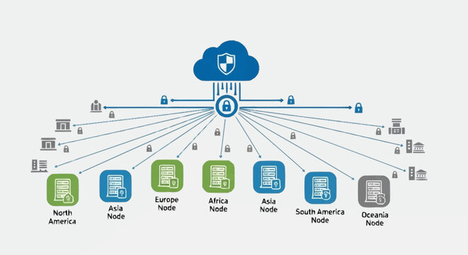 Cloud Computing Network Infrastructure Diagram with Regional Nodes.
