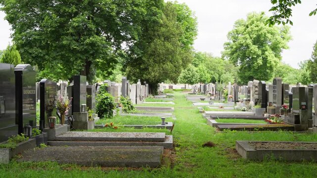 Zentralfriedhof cemetery, Vienna pan past rows of gravestones and lush green paths. A headstone passes close to camera, creating a quiet, reflective atmosphere in Austria.