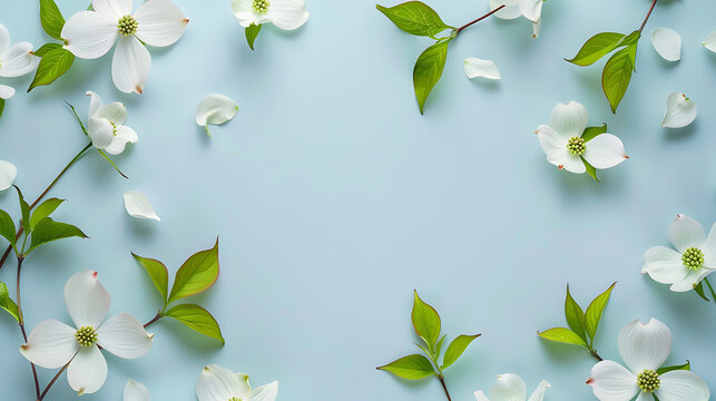 Delicate white dogwood blossoms and green leaves framing a soft blue background.