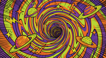 Psychedelic Cosmic Vortex Illustration - Retro Pop Art Style Space Background with Swirling Black Hole, Ringed Planets, Lightning Bolts, and Comic Book Halftone Texture © Mr. Akash