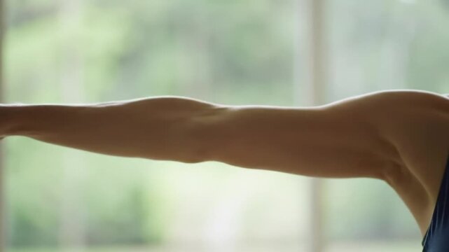 Close-up of a toned arm extended during a workout or stretching exercise indoors, highlighting muscle definition, control, and a calm fitness environment with soft natural light.