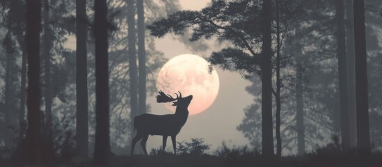 Majestic Stag Silhouetted Against a Full Moon in a Misty Forest.