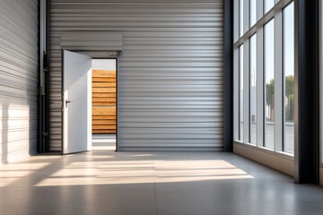 Fototapeta premium Modern Storage Room with Open Steel Door and Abundant Natural Light