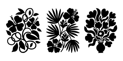 Black tropical hibiscus flower and palm leaf silhouettes set for minimalist botanical wall art
