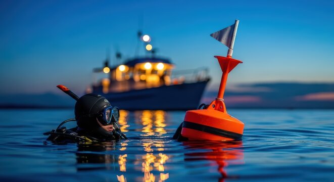 Male scuba diver in evening ocean near buoy and boat, exploring marine life during twilight adventure, vibrant sunset in background