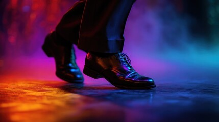 Man dancing in colorful neon lights.