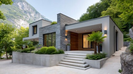 Fototapeta premium Modern upscale minimalist villa architecture in a mountain setting