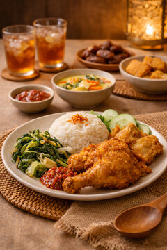 Indonesian Ramadan Iftar Meal with Rice and Fried Chicken