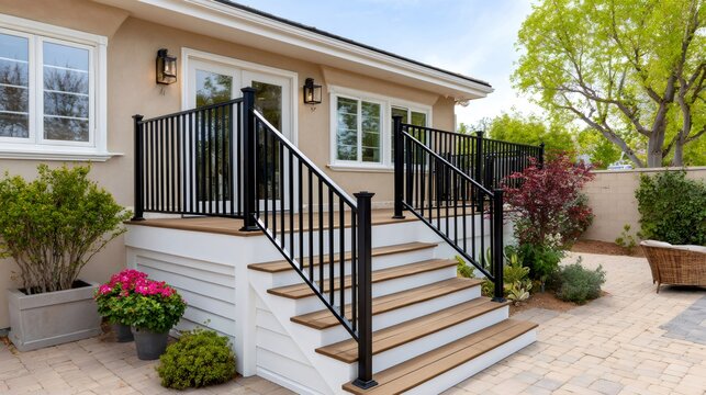 Modern home backyard with composite deck and railing