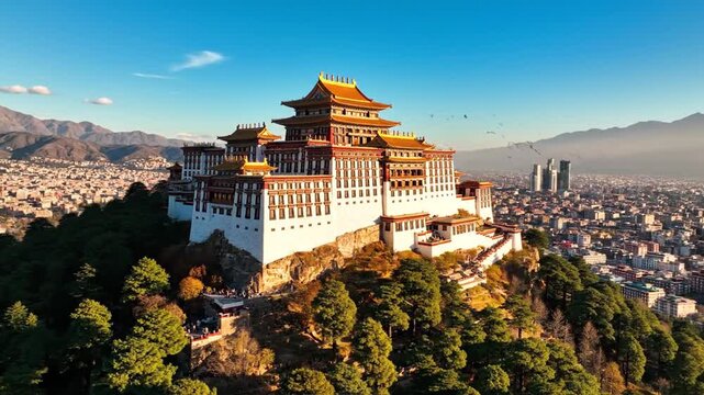 Grand Potala Palace complex on hill overlooking Lhasa city