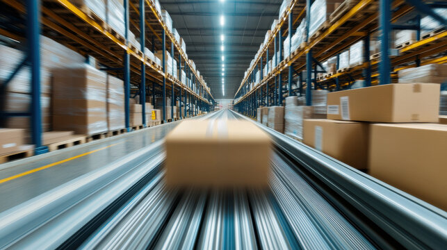 Conveyor belt in warehouse moving packages with motion blur, showing organized shelves and fast logistics in large storage facility