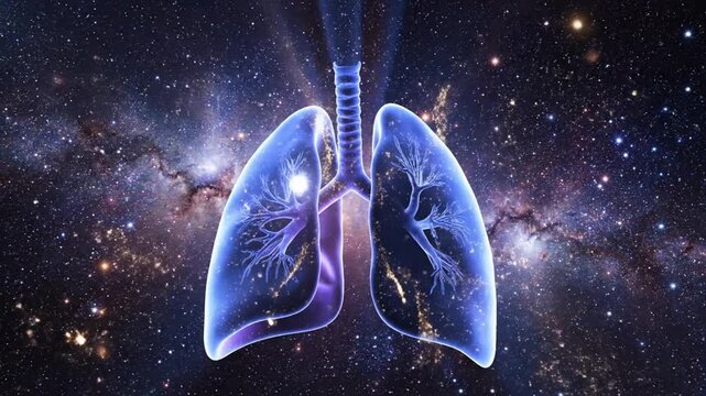 Human lungs glowing brightly in a starry universe background