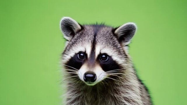 Cute raccoon with curious expression on green background
