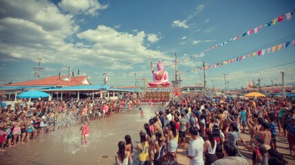Obraz premium Songkran Joyful Celebration: Festival with Giant Buddha Statue