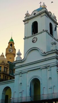 Vertical Historic Cabildo Colonial Building with Clock Tower at Sunset in Buenos Aires