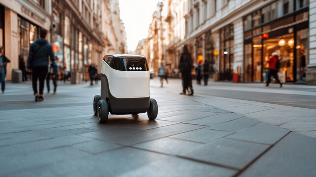 Small wheeled delivery robot moving on city street with blurred pedestrians and buildings in background during daytime