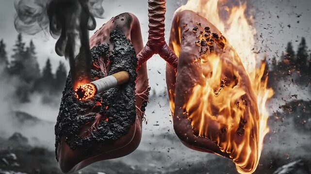 Human lungs on fire with cigarette smoking in dark forest
