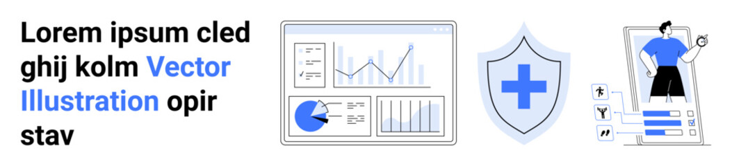 Fototapeta premium Charts and graphs for data analytics, shield for security, person reviewing business plans. Ideal for technology, business, healthcare, data, fintech, education and simple landing page