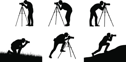 Photographer silhouette collection with camera and tripod in various shooting poses isolated on white background for creative photography design © Ariful