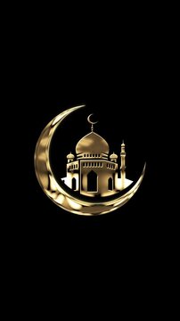 4K Vertical Islamic Mosque and Golden Crescent Moon Animation with alpha channel or transparent background