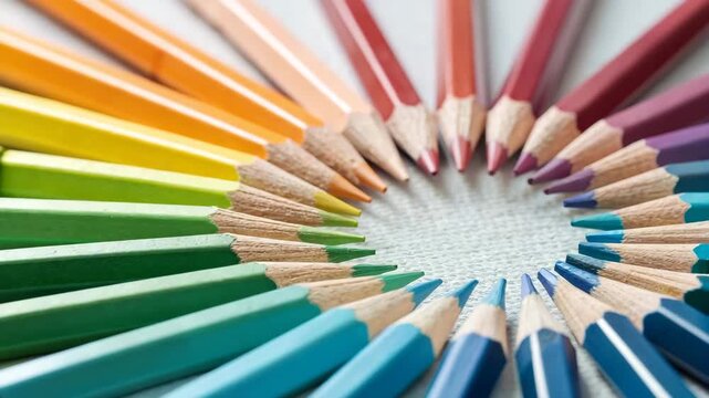 Color pencils arranged in a circle, close-up of sharpened tips, art supplies, stock media