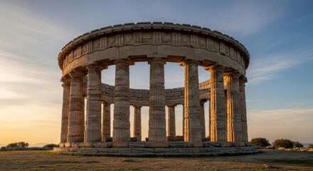 Fototapeta premium Ancient greek circular temple at sunset with tall columns and open sky background