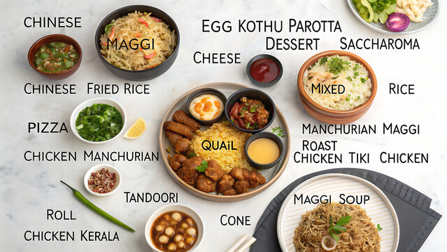 Indian Chinese fusion cuisine assortment with Maggi noodles fried rice quail eggs pizza
