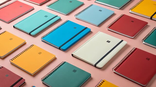 Colorful Notebooks Arranged in Grid Pattern with Cinematic Camera Movement