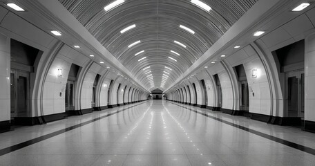Elegant Perspective of a Modern Metro Station Corridor with Sharp Architectural Features