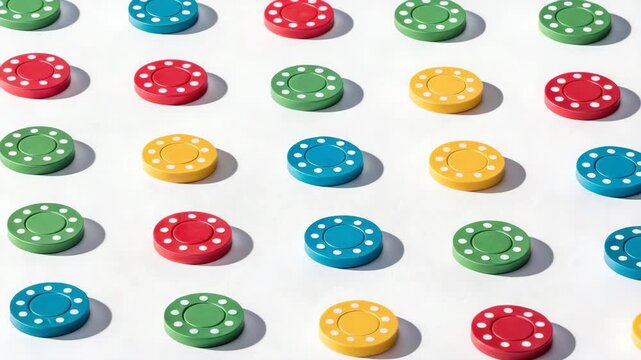 Colorful Poker Chips Scattered on White Surface, Top Down View, Cinematic Motion