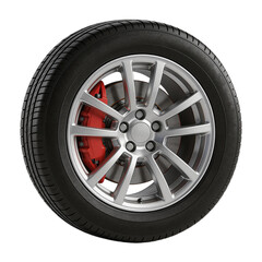 Car Wheel with Alloy Rim and Red Brake Calipers